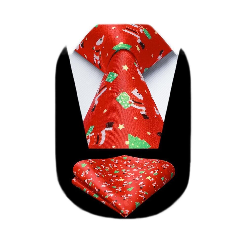 1841 Christmas Ties Necktie Silk Woven Red Tie and Pocket Square Funny